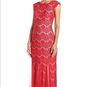 Betsy & Adam Orange Red Cap Sleeve Lace Long Evening Gown Dress Size 4